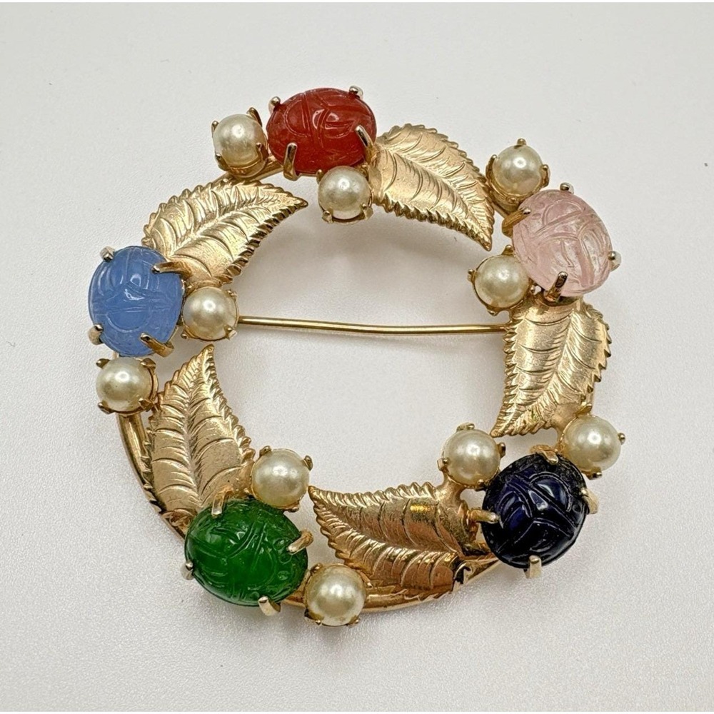 Vintage Scarab Brooch Gold Filled Carved Stone Faux Pearls Wreath